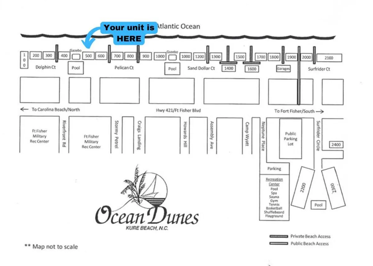 A sweeping aerial or elevated view encompassing the Atlantic Ocean, several swimming pools, Dolphin Ct, Pelican Ct, and Sand Dollar Ct. The pools are surrounded by lounge chairs and framed by lush greenery, with the ocean stretching beyond the resort. The recreation center is visible, emphasizing the variety of family activities available.